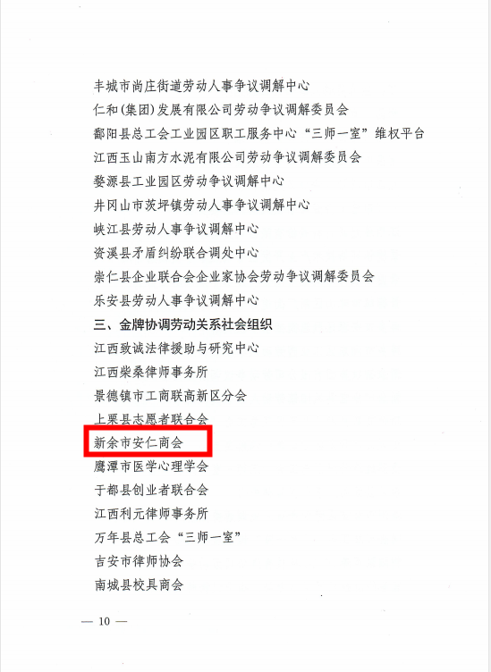 新余市安仁商会荣获江西省第一批金牌协调劳动关系社会组织