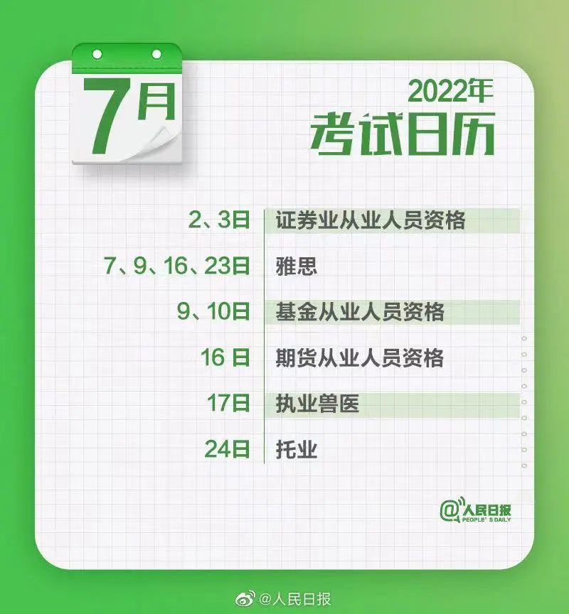 2022考试年历