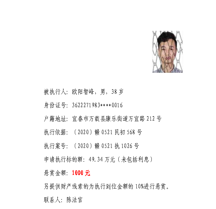 分宜法院发布执行悬赏公告