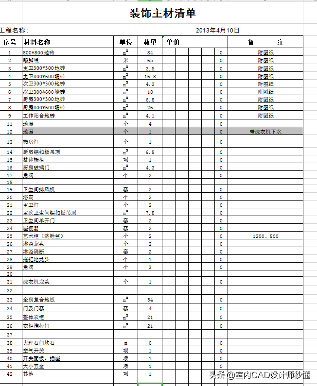 住房装修预算表(最新预算明细表格)