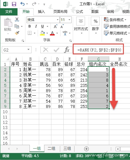 excel使用rank函数进行排名次