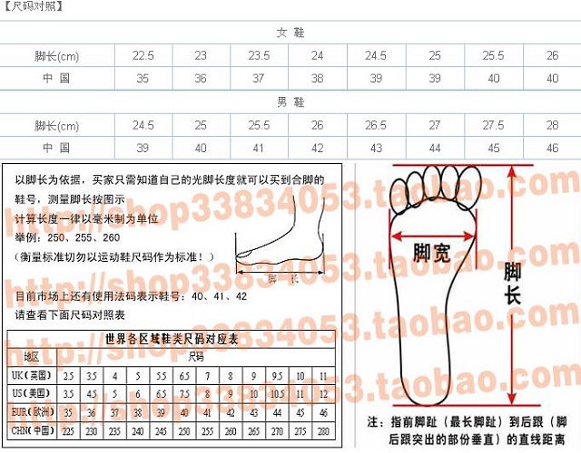 如何正确测量鞋的尺码(中国男女鞋尺码参考表)