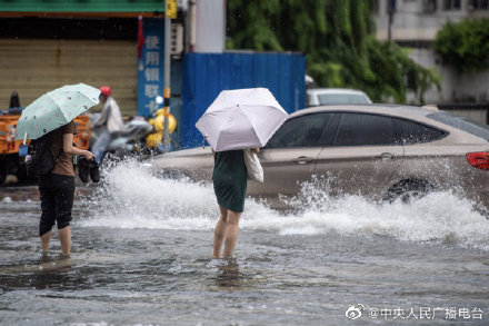 海口暴雨市区内涝 有人游过积水路段