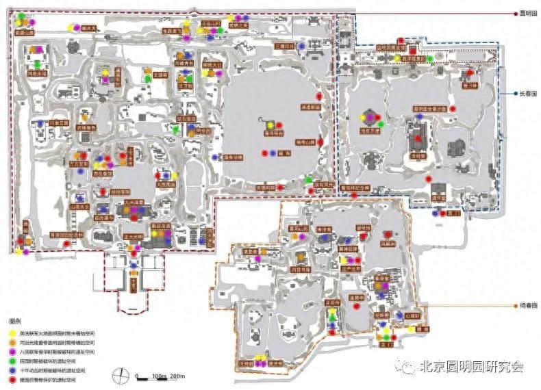 圆明园遗址的变迁，各历史阶段遗址点的分布