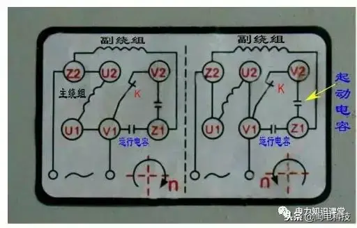 单相双电容电动机接线示意图，启动电容和运行电容容量计算公式